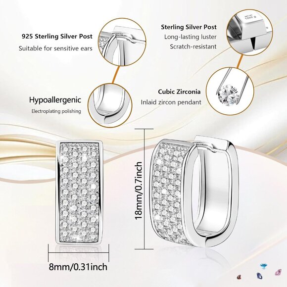 Sterling Silver Small Chunky Hoop Earrings with Cubic Zirconia, Hypoallergenic, - Picture 6 of 6